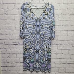 J.Jill Floral Mosaic Jersey Knit Dress Size S Blue White Midi Empire Waist Boho